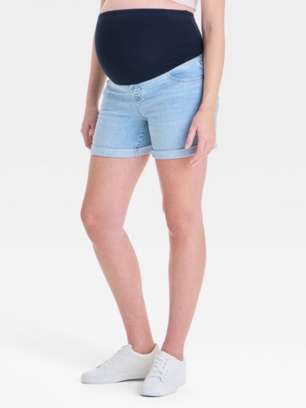 Isabel Maternity Light Wash Midi Denim Shorts‎ with Navy Belly Panel Sz 12